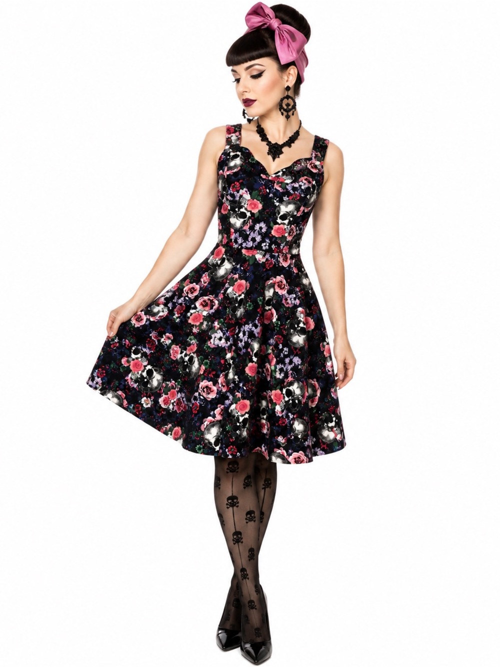 Hell Bunny Skull Floral Back Cutout Pinup Dress Womens SZ S Gothic Rockabilly